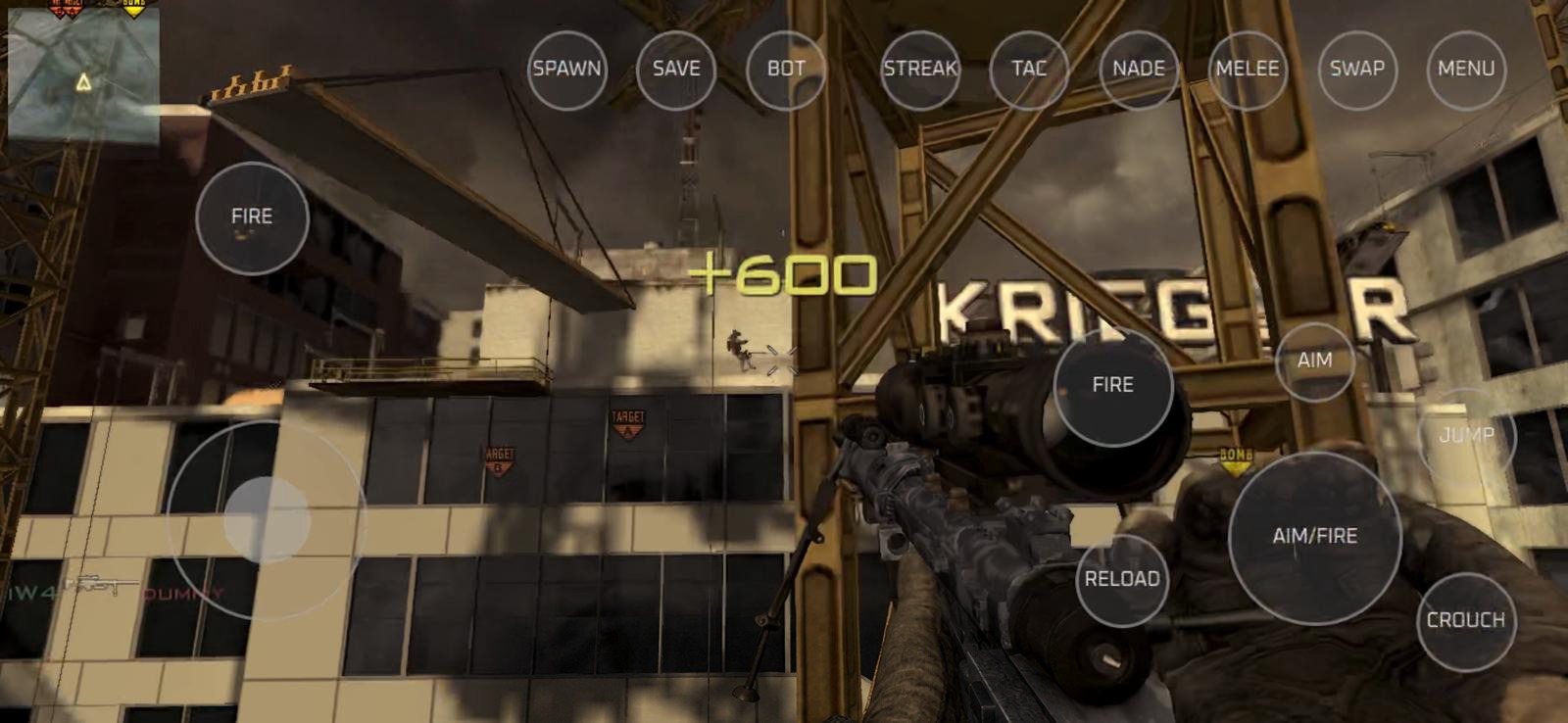 First-person sniper view from a rooftop looking past a construction crane toward office towers, with an enemy falling in the distance and a floating score