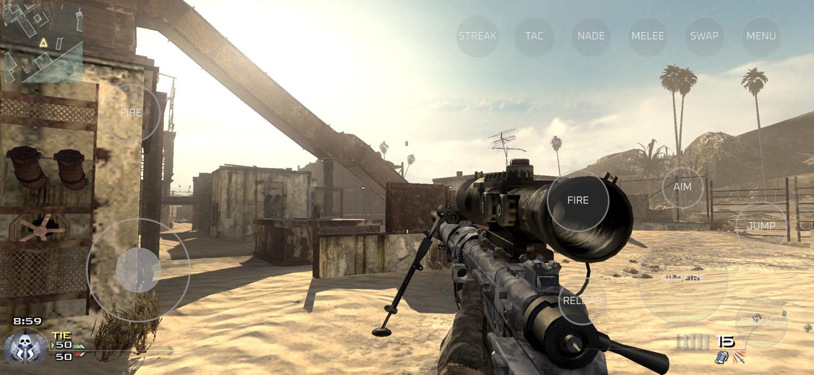 First-person view through a sniper scope on the desert map Rust, with touch controls for aim, fire and movement overlaid on screen