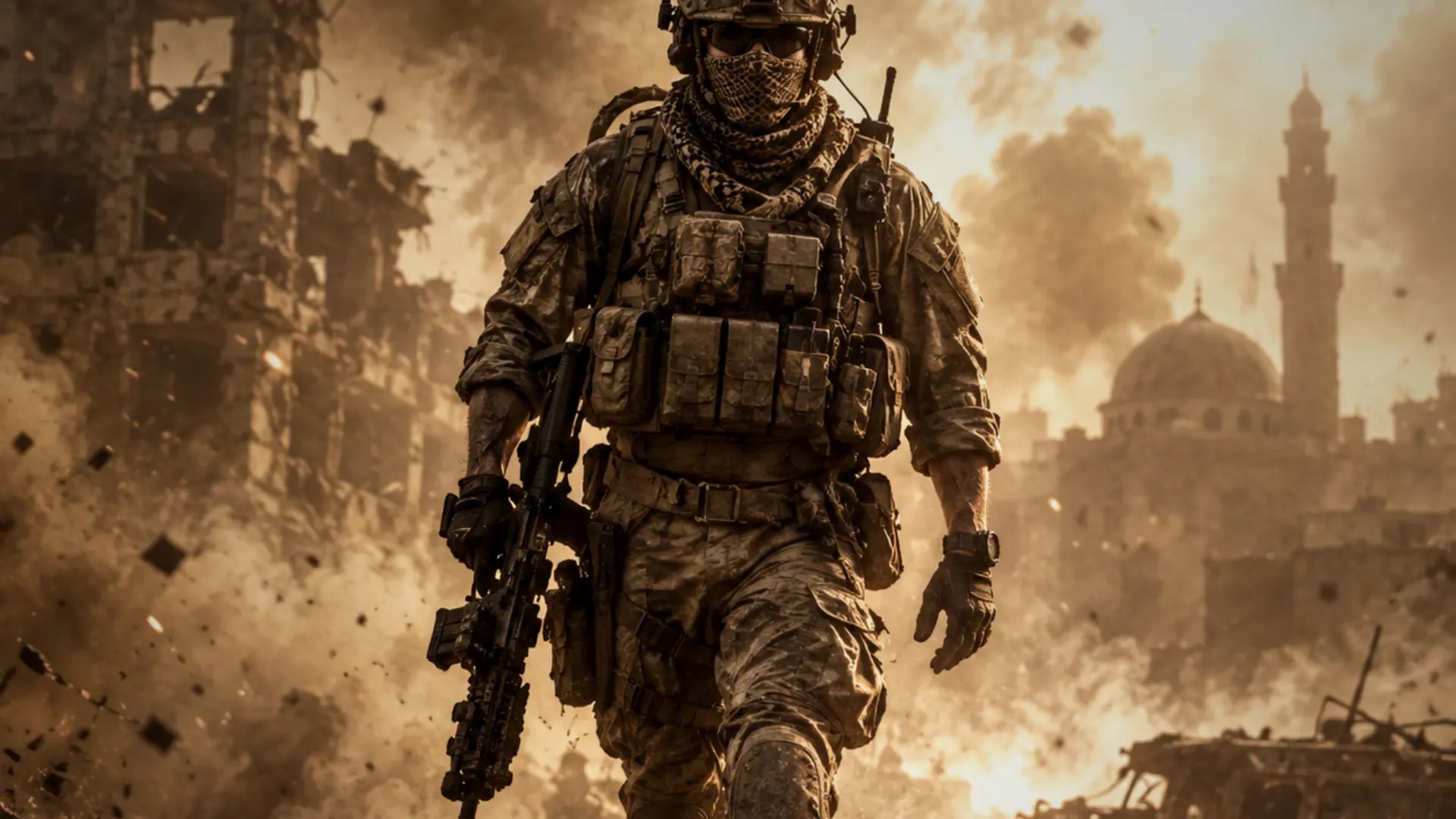 AI-generated illustration of a soldier in tactical gear walking through a war-torn city